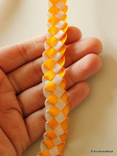 Yellow And White Woven Satin Ribbon Trim, 18mm wide, One Yard